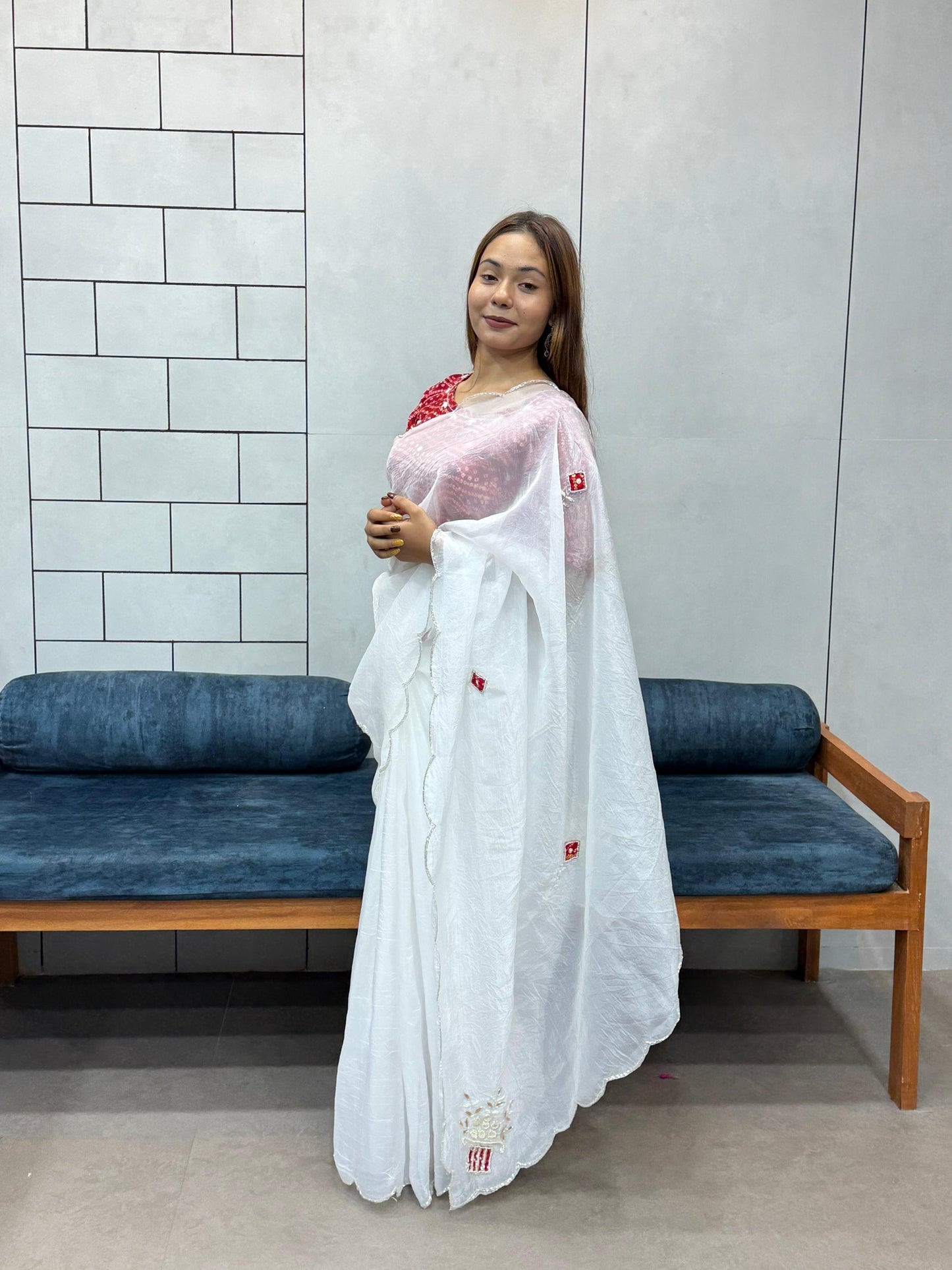 Suhani White Chiffon Saree with Red Bandhej Blouse