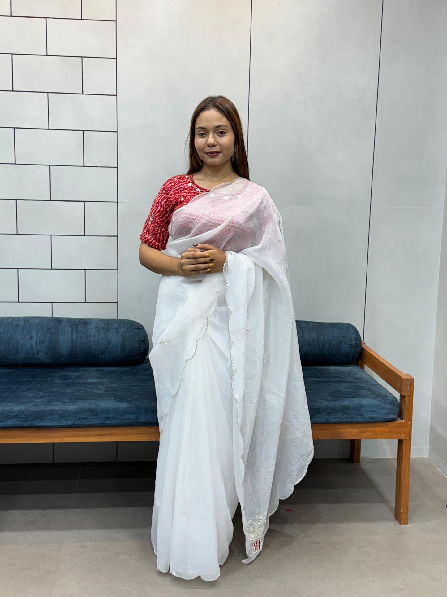 Suhani White Chiffon Saree with Red Bandhej Blouse