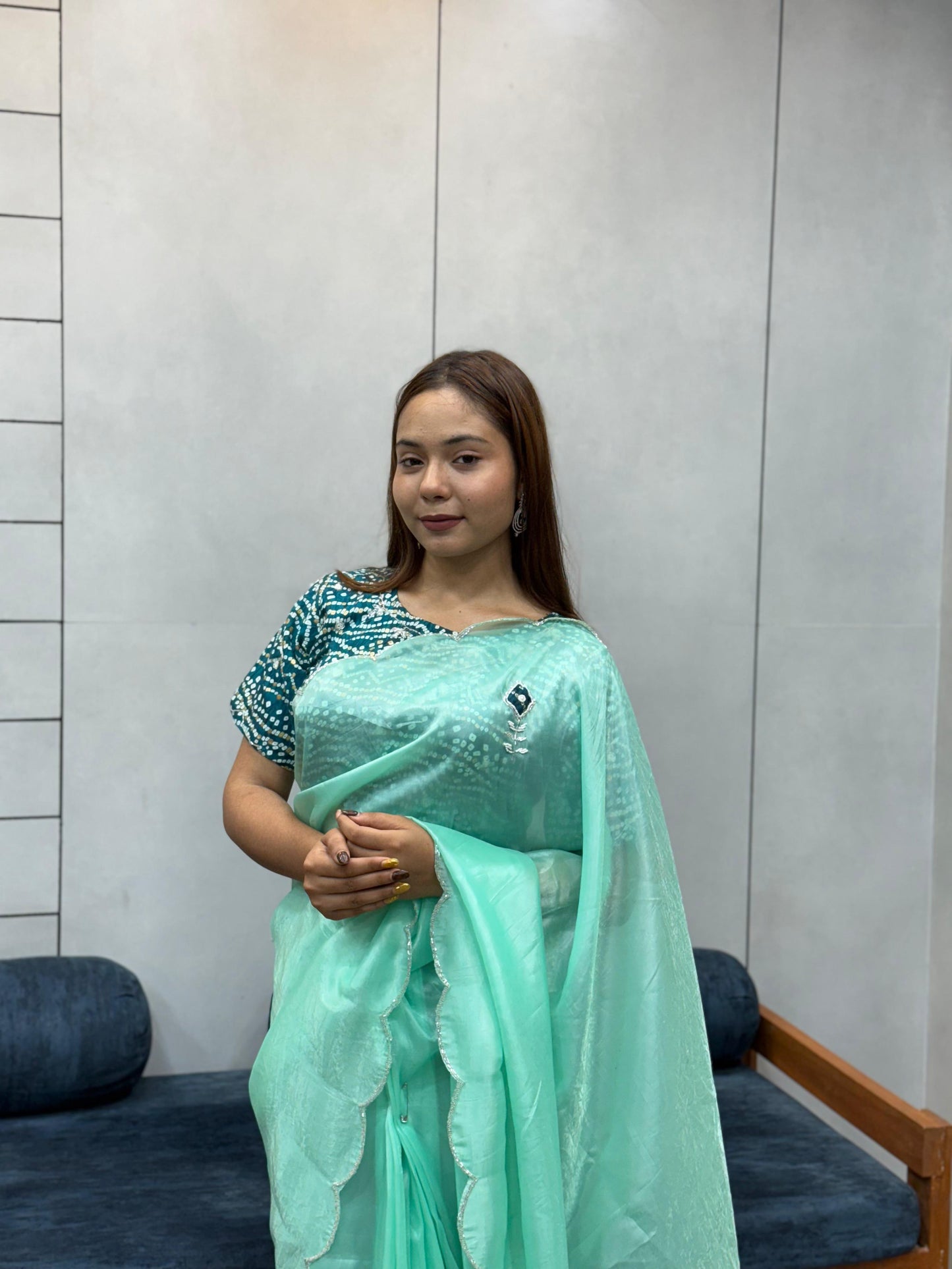 Suhani Sky Blue Chiffon Saree with Red Bandhej Blouse