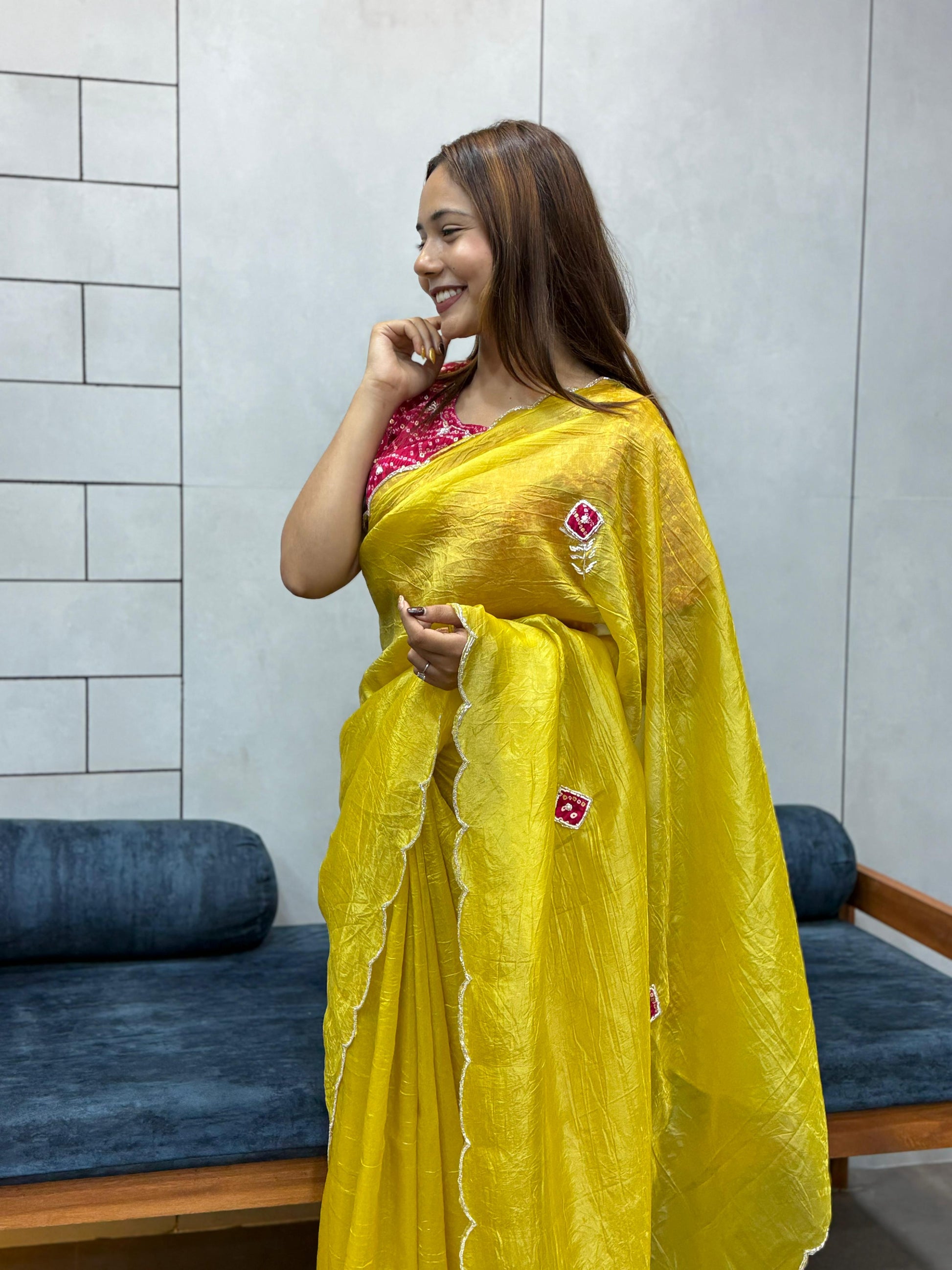 Suhani Yellow Chiffon Saree with Red Bandhej Blouse