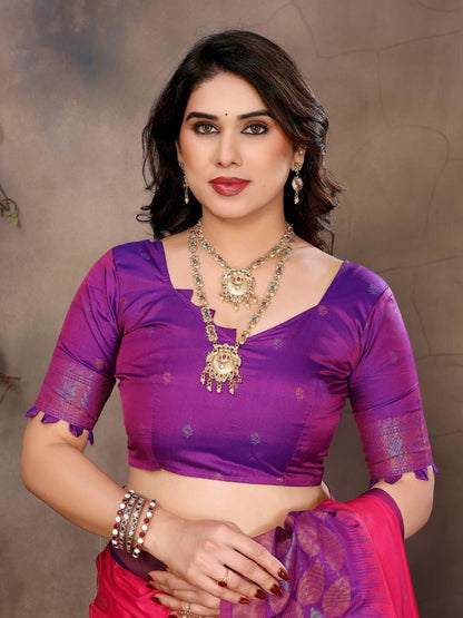 Sharvika Dark Pink & Purple Banarasi Leaf Woven Silk Saree