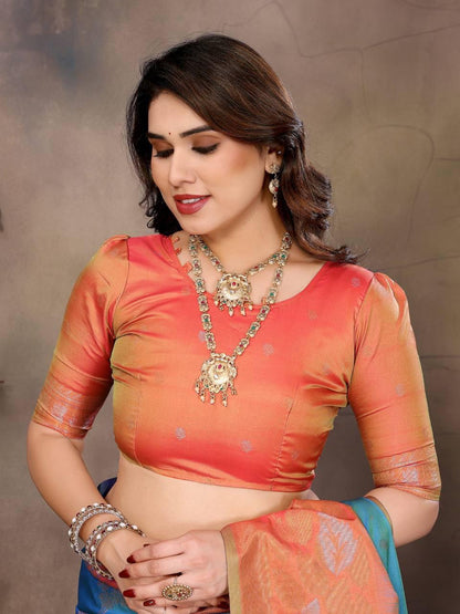 Sharvika Sky Blue & Orange Banarasi Leaf Woven Silk Saree
