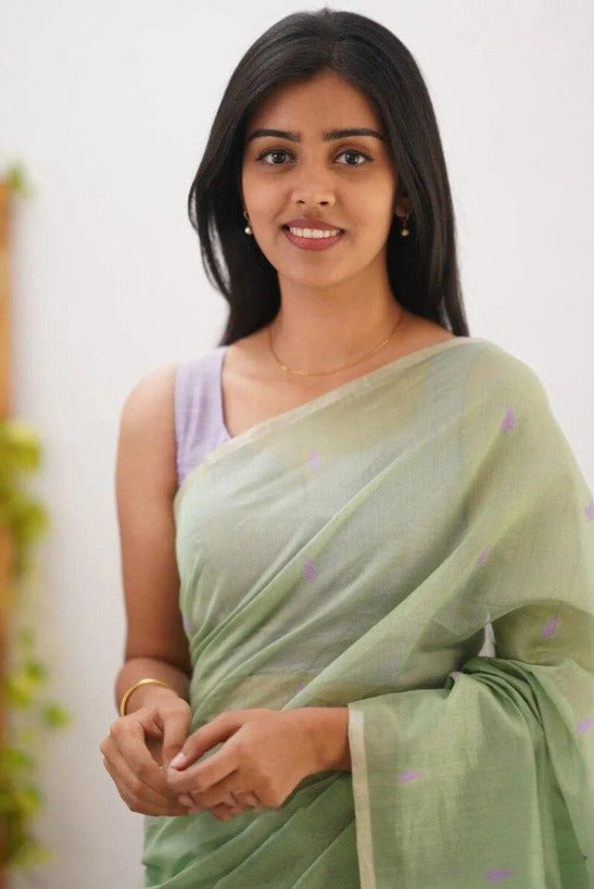 Mireya Pastel Green Cotton Saree with Lavender Pallu
