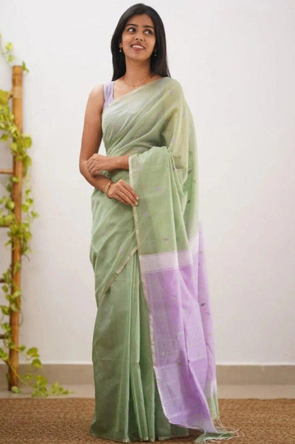 Mireya Pastel Green Cotton Saree with Lavender Pallu