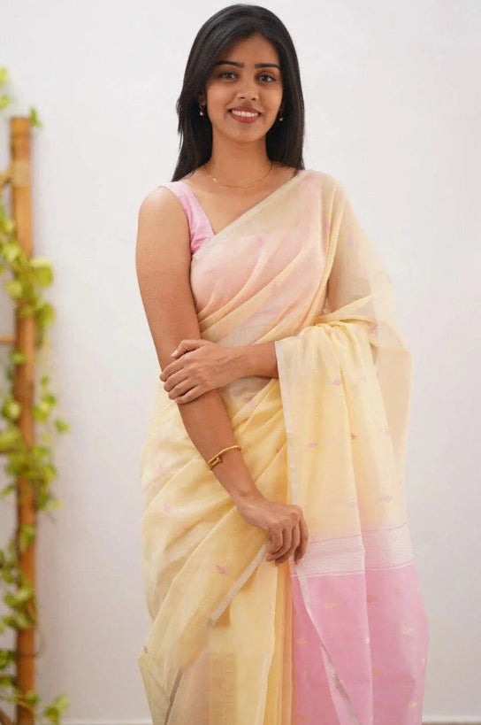 Mireya Lemon Yellow Cotton Saree with Lavender Pallu