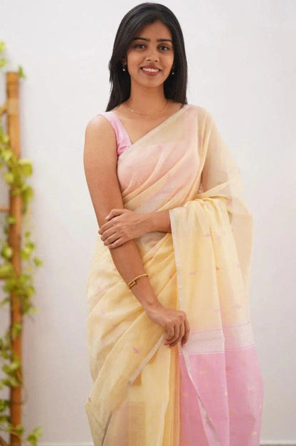 Mireya Lemon Yellow Cotton Saree with Lavender Pallu