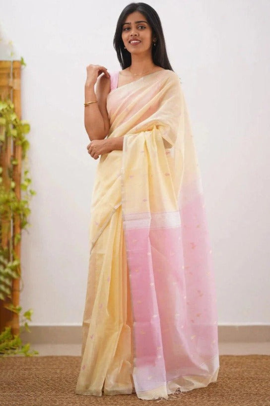 Mireya Lemon Yellow Cotton Saree with Lavender Pallu