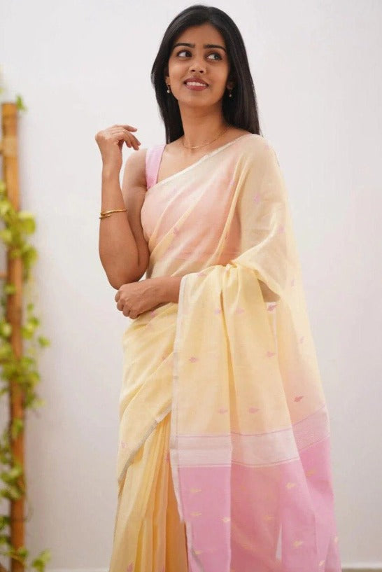 Mireya Lemon Yellow Cotton Saree with Lavender Pallu