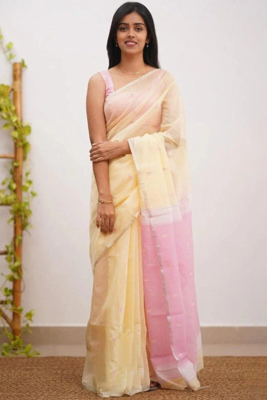 Mireya Lemon Yellow Cotton Saree with Lavender Pallu
