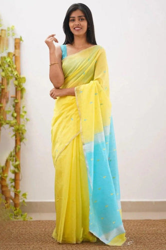 Mireya Yellow Cotton Saree with Sky Blue Pallu