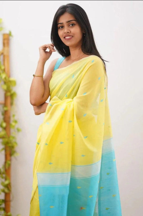 Mireya Yellow Cotton Saree with Sky Blue Pallu
