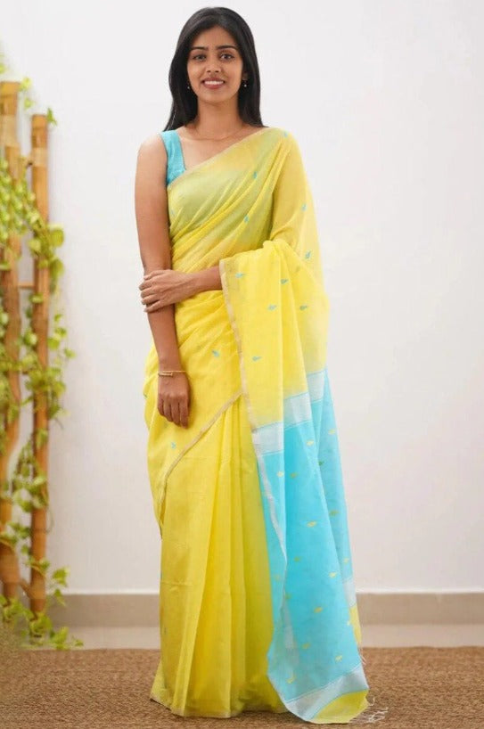 Mireya Yellow Cotton Saree with Sky Blue Pallu