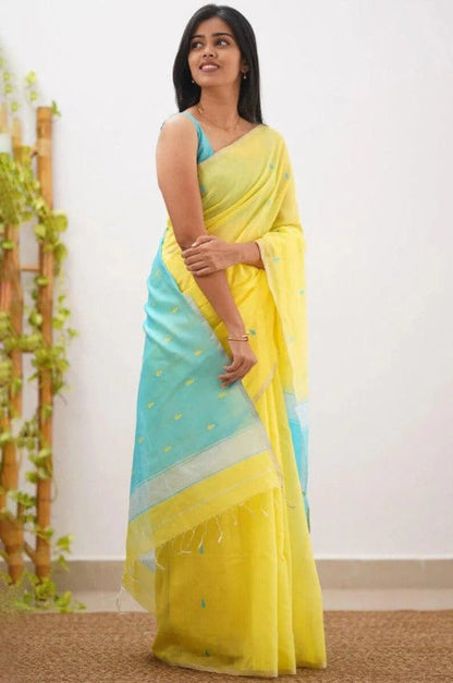 Mireya Yellow Cotton Saree with Sky Blue Pallu