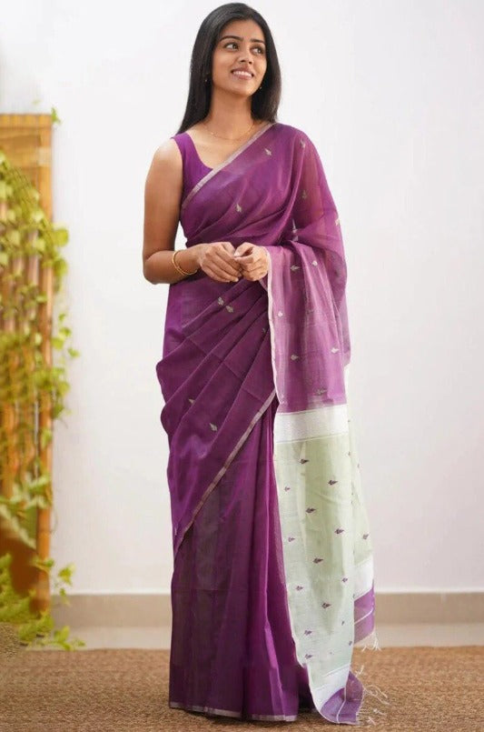 Mireya Purple Cotton Saree with Dual-Tone Pallu