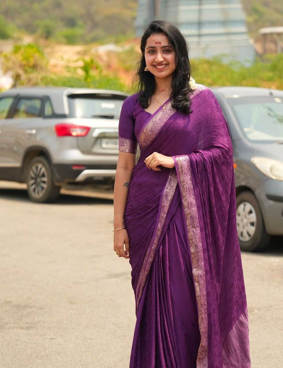 Aaliyah Purple Soft Silk Saree with Light Golden Jacquard Border & Unstitched Blouse Piece