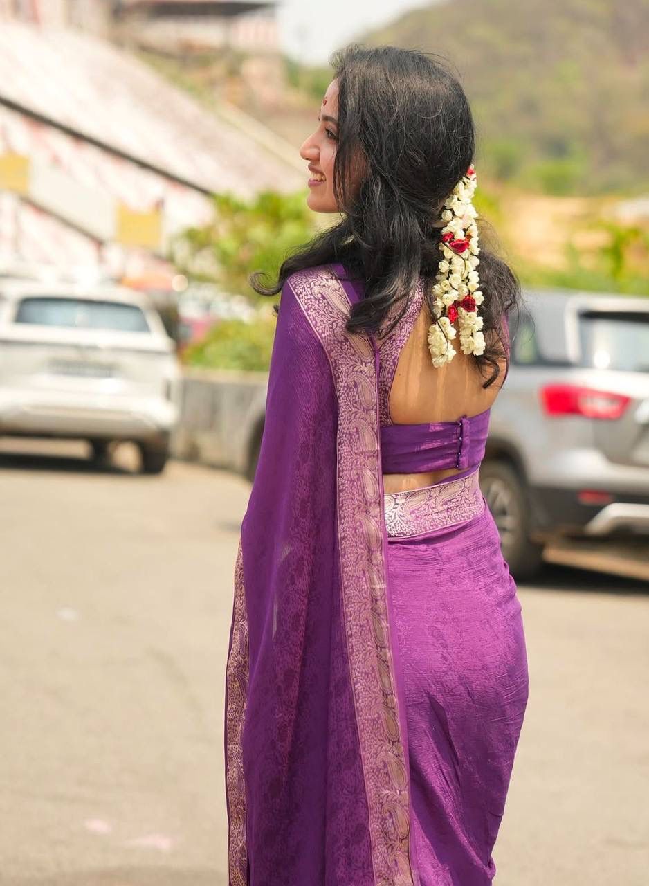 Aaliyah Purple Soft Silk Saree with Light Golden Jacquard Border & Unstitched Blouse Piece