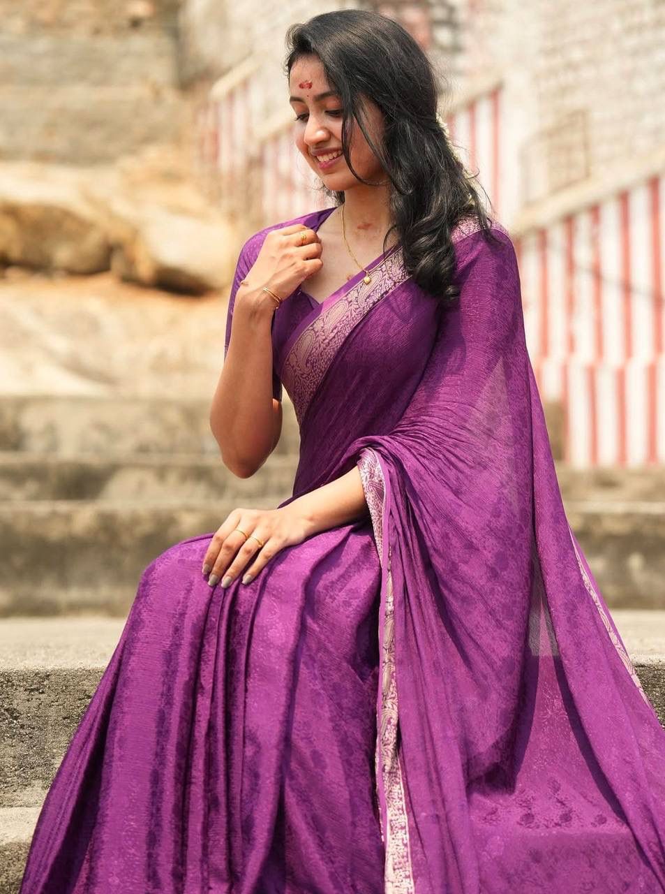 Aaliyah Purple Soft Silk Saree with Light Golden Jacquard Border & Unstitched Blouse Piece
