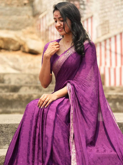 Aaliyah Purple Soft Silk Saree with Light Golden Jacquard Border & Unstitched Blouse Piece