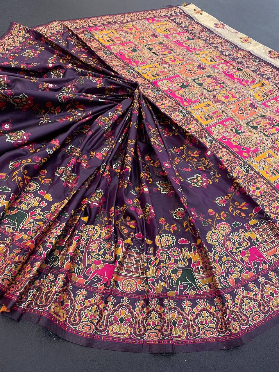 Barbara Deep Purple Soft Silk Saree with Multicolor Traditional Print & Unstitched Blouse Piece