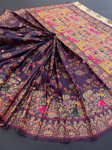 Barbara Deep Purple Soft Silk Saree with Multicolor Traditional Print & Unstitched Blouse Piece