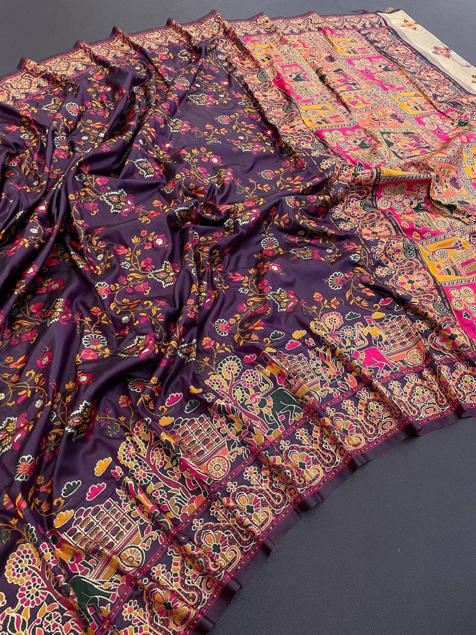 Barbara Deep Purple Soft Silk Saree with Multicolor Traditional Print & Unstitched Blouse Piece