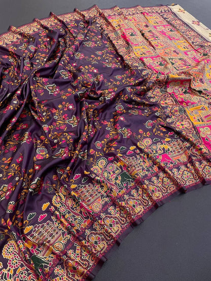 Barbara Deep Purple Soft Silk Saree with Multicolor Traditional Print & Unstitched Blouse Piece