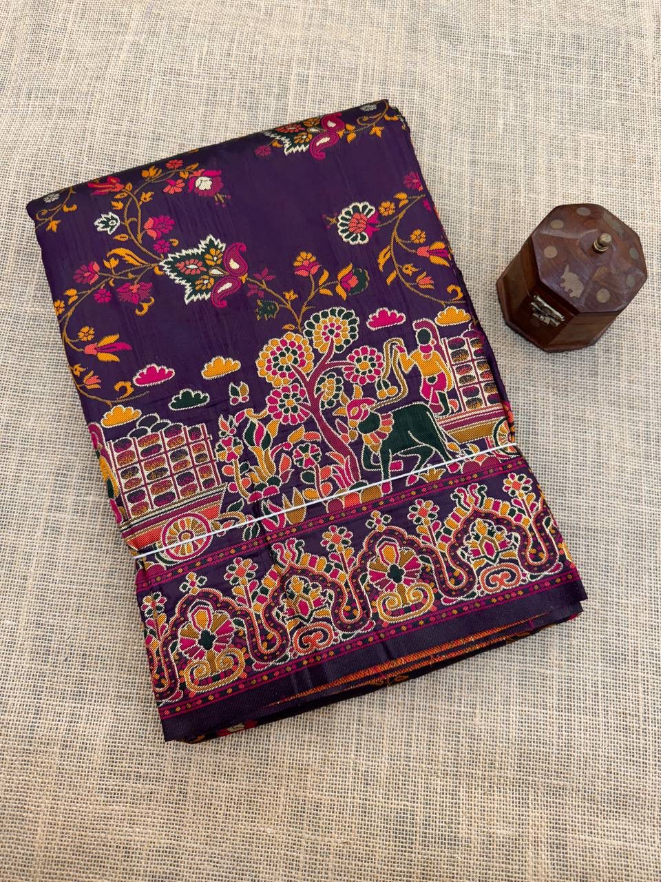 Barbara Deep Purple Soft Silk Saree with Multicolor Traditional Print & Unstitched Blouse Piece