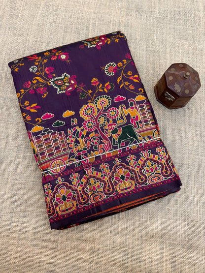 Barbara Deep Purple Soft Silk Saree with Multicolor Traditional Print & Unstitched Blouse Piece