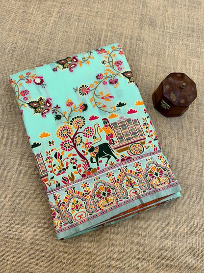 Barbara Light Aqua Blue Soft Silk Saree with Multicolor Traditional Print & Unstitched Blouse Piece