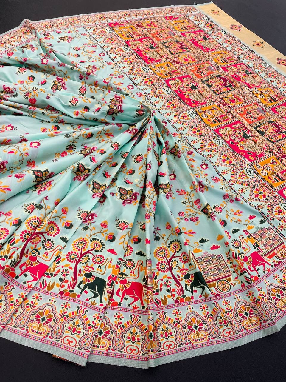 Barbara Light Aqua Blue Soft Silk Saree with Multicolor Traditional Print & Unstitched Blouse Piece