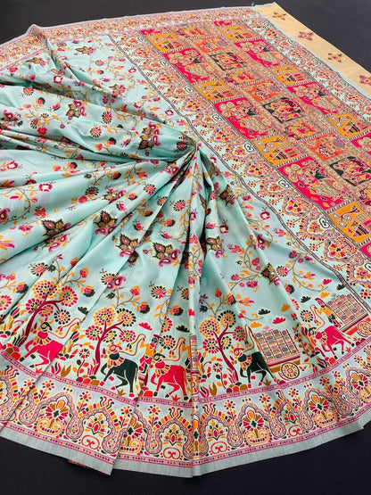 Barbara Light Aqua Blue Soft Silk Saree with Multicolor Traditional Print & Unstitched Blouse Piece