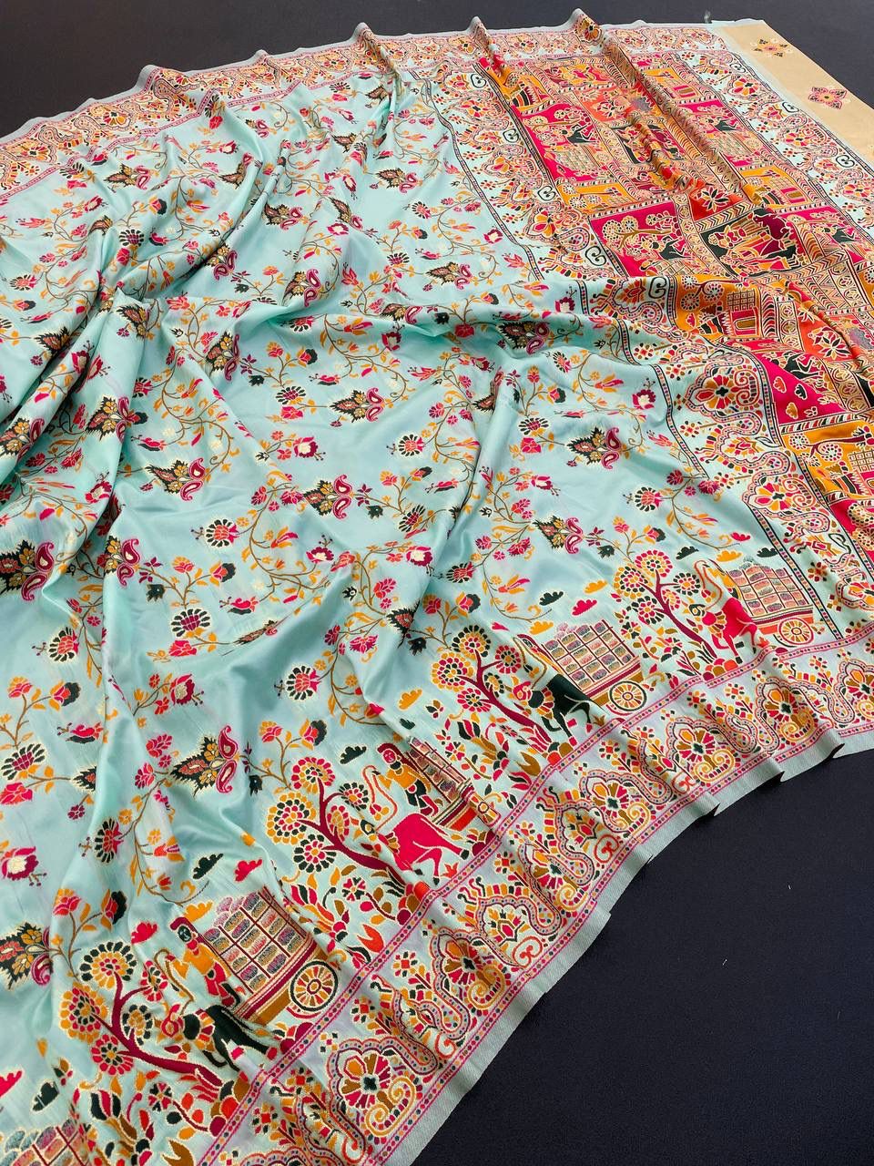 Barbara Light Aqua Blue Soft Silk Saree with Multicolor Traditional Print & Unstitched Blouse Piece