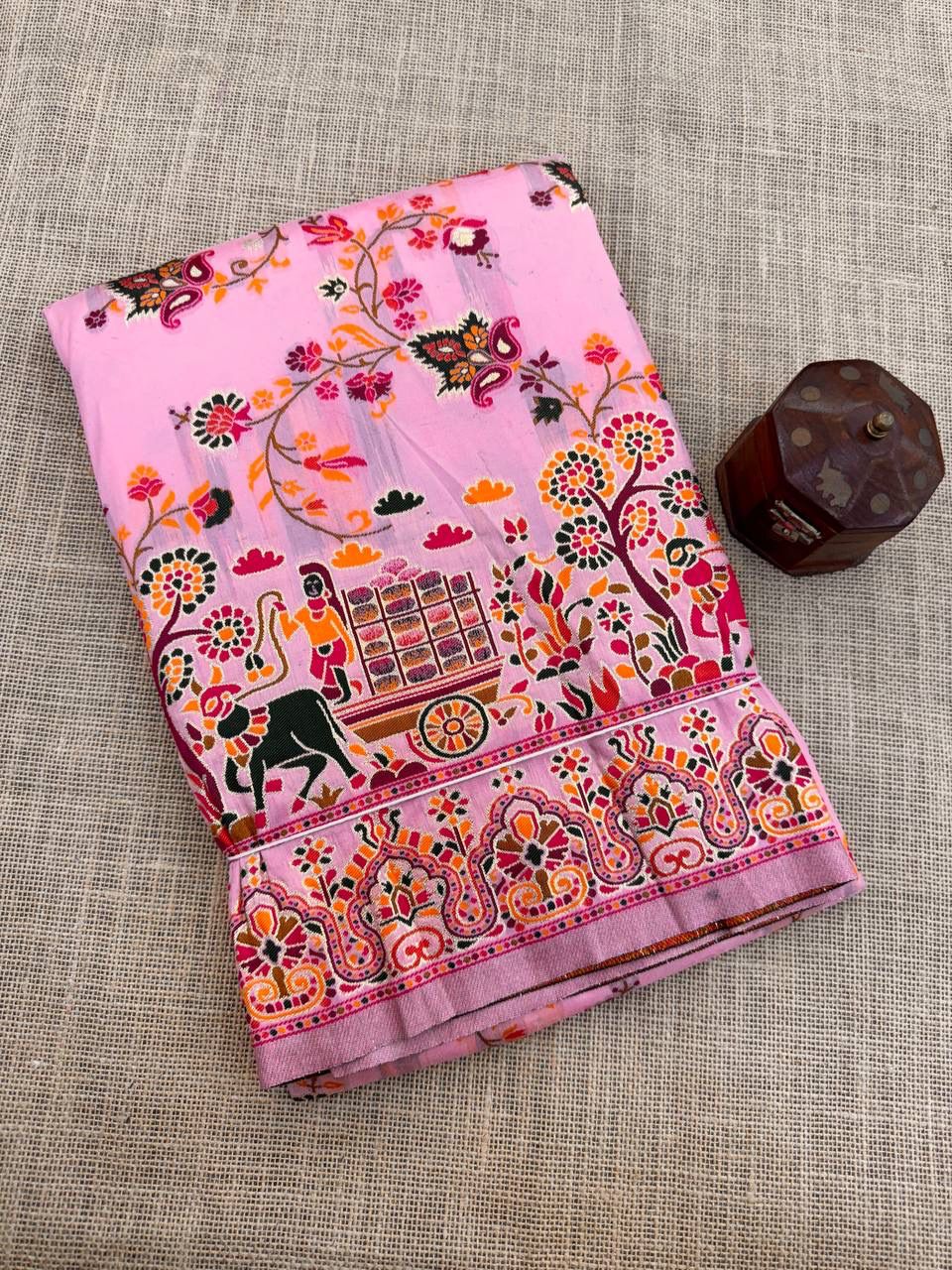 Barbara Pink Soft Silk Saree with Multicolor Traditional Print & Unstitched Blouse Piece