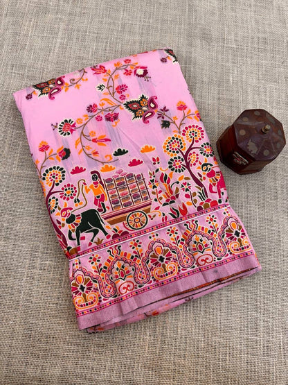 Barbara Pink Soft Silk Saree with Multicolor Traditional Print & Unstitched Blouse Piece