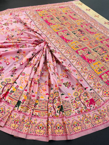 Barbara Pink Soft Silk Saree with Multicolor Traditional Print & Unstitched Blouse Piece