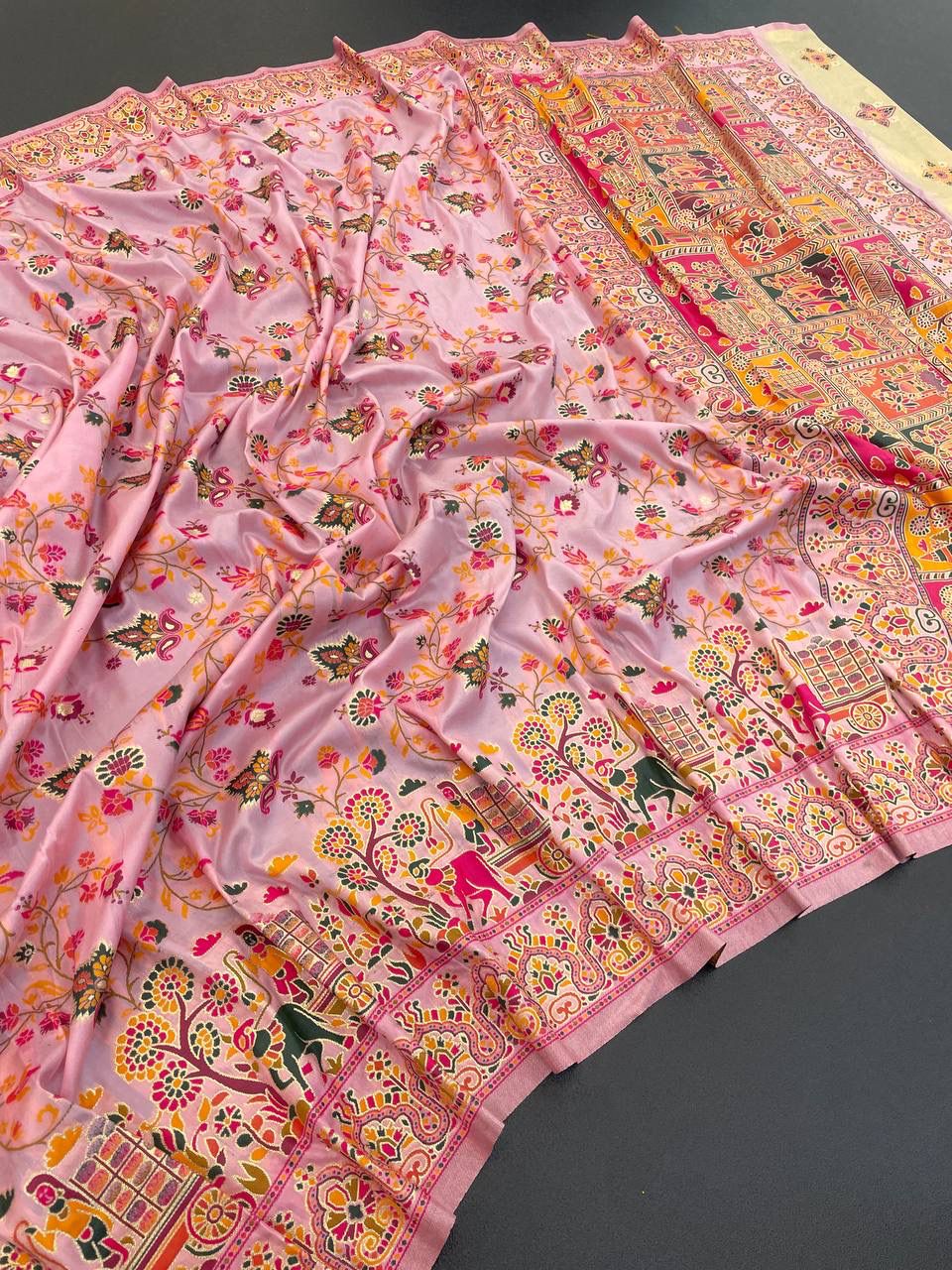 Barbara Pink Soft Silk Saree with Multicolor Traditional Print & Unstitched Blouse Piece