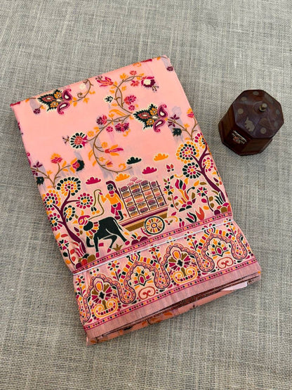 Barbara Peach Pink Soft Silk Saree with Multicolor Traditional Print & Unstitched Blouse Piece