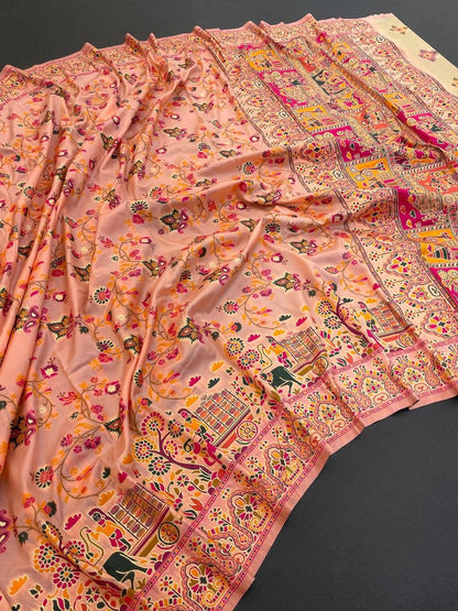 Barbara Peach Pink Soft Silk Saree with Multicolor Traditional Print & Unstitched Blouse Piece