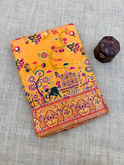 Barbara Yellow Soft Silk Saree with Multicolor Traditional Print & Unstitched Blouse Piece