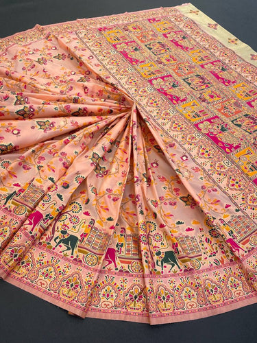 Barbara Peach Pink Soft Silk Saree with Multicolor Traditional Print & Unstitched Blouse Piece