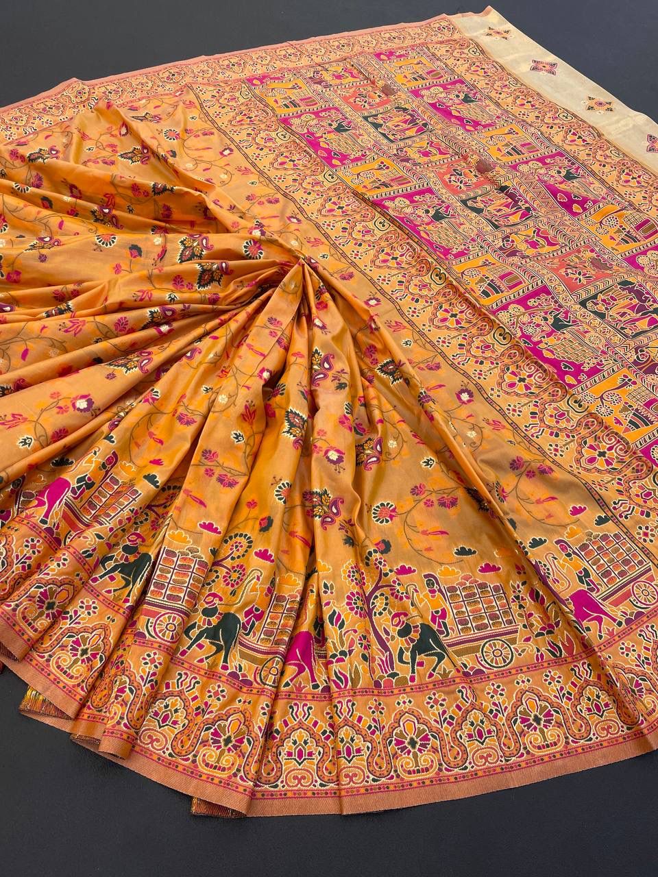 Barbara Yellow Soft Silk Saree with Multicolor Traditional Print & Unstitched Blouse Piece
