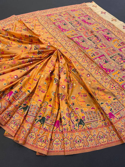 Barbara Yellow Soft Silk Saree with Multicolor Traditional Print & Unstitched Blouse Piece
