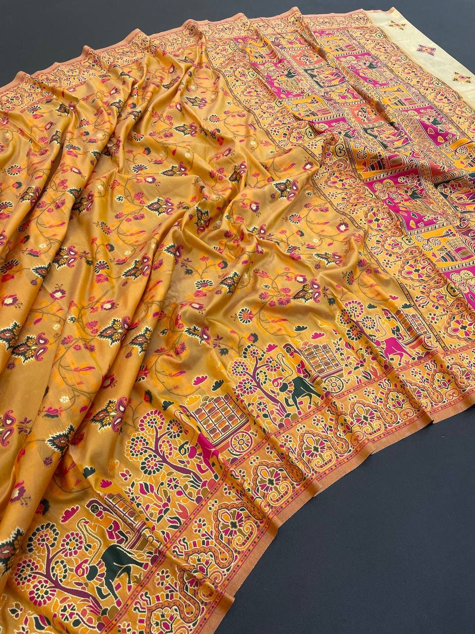 Barbara Yellow Soft Silk Saree with Multicolor Traditional Print & Unstitched Blouse Piece