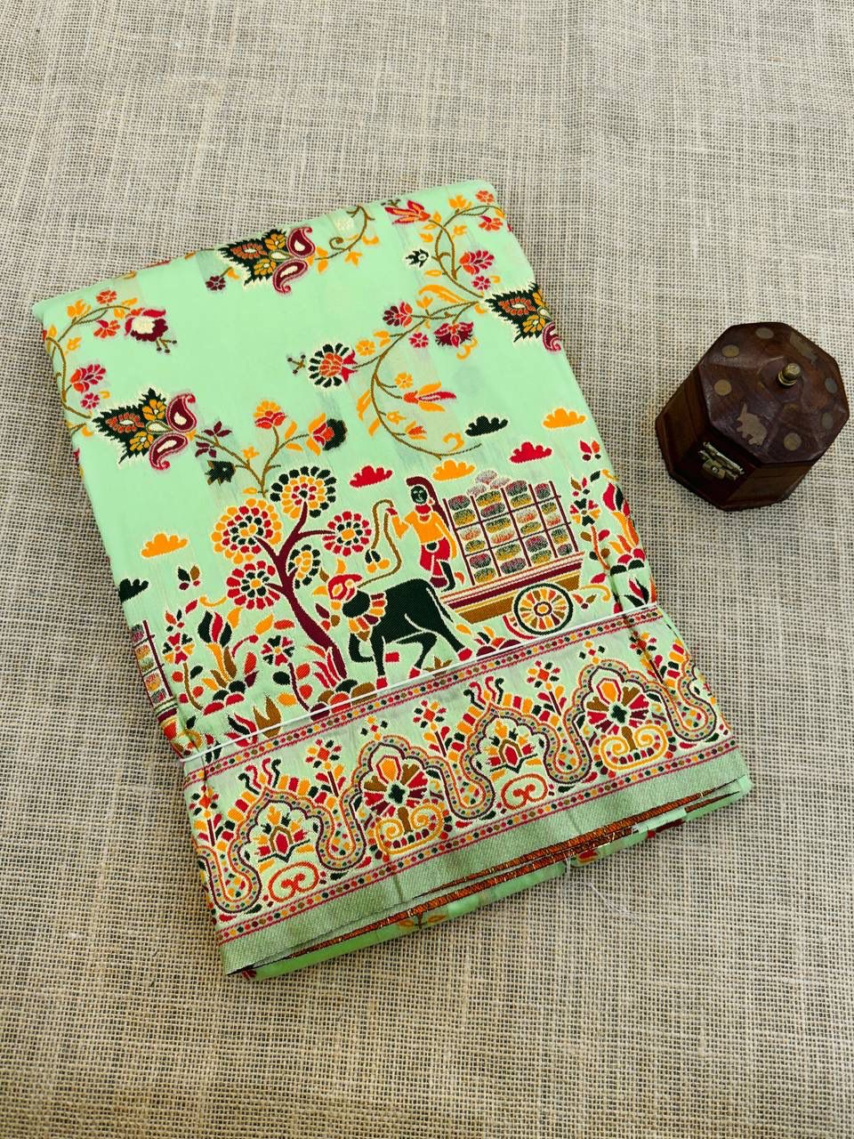 Barbara Pista Green Soft Silk Saree with Multicolor Traditional Print & Unstitched Blouse Piece