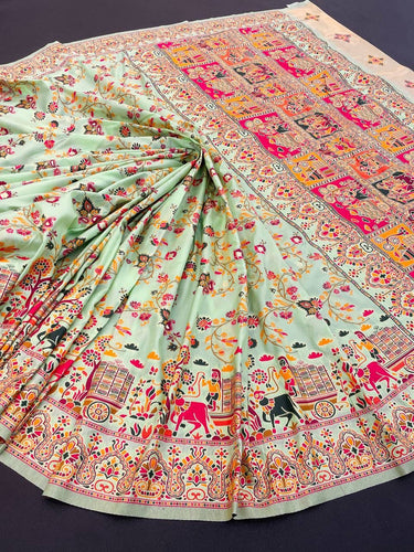 Barbara Pista Green Soft Silk Saree with Multicolor Traditional Print & Unstitched Blouse Piece