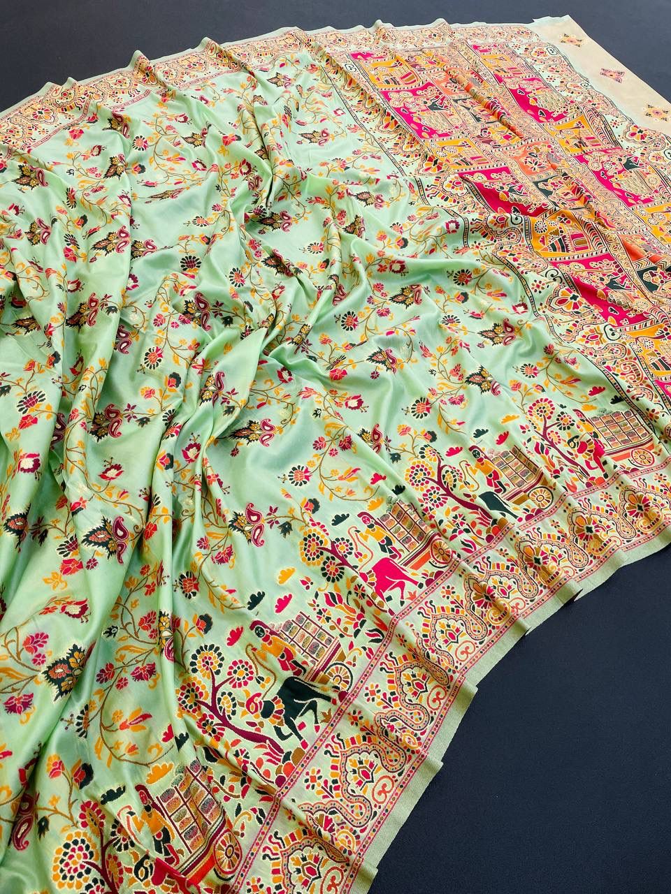 Barbara Pista Green Soft Silk Saree with Multicolor Traditional Print & Unstitched Blouse Piece