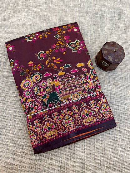 Barbara Dark Maroon  Soft Silk Saree with Multicolor Traditional Print & Unstitched Blouse Piece