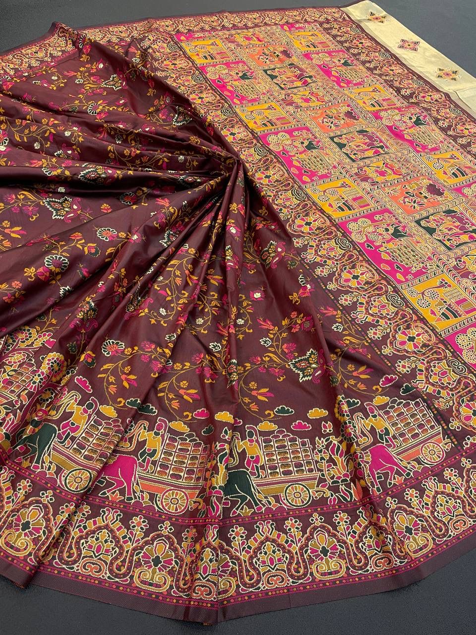 Barbara Dark Maroon  Soft Silk Saree with Multicolor Traditional Print & Unstitched Blouse Piece