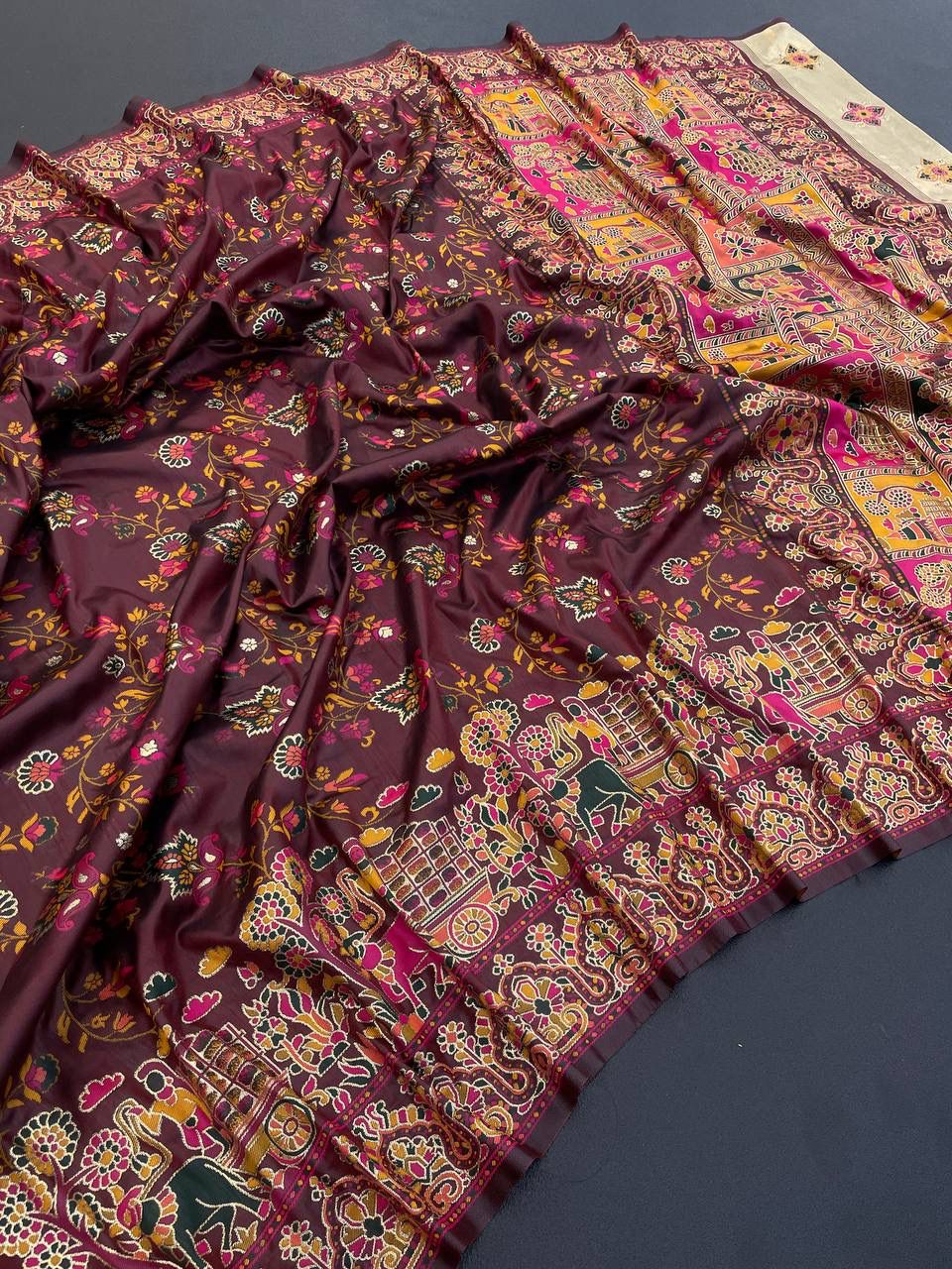 Barbara Dark Maroon  Soft Silk Saree with Multicolor Traditional Print & Unstitched Blouse Piece