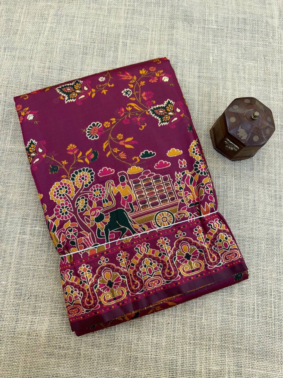 Barbara Wine Purple  Soft Silk Saree with Multicolor Traditional Print & Unstitched Blouse Piece